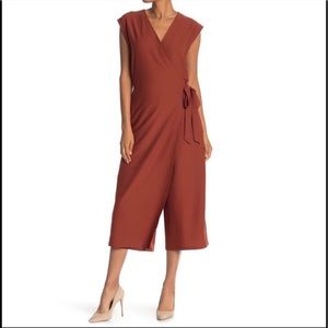 Eileen Fisher Deep Pekoe Rust Crepe Linen Wrap Front Wide Leg Jumpsuit Large